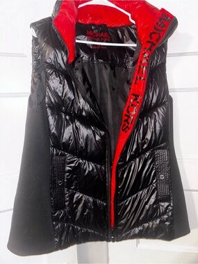 Michael Kors Black Puffer Vest with Red Trim